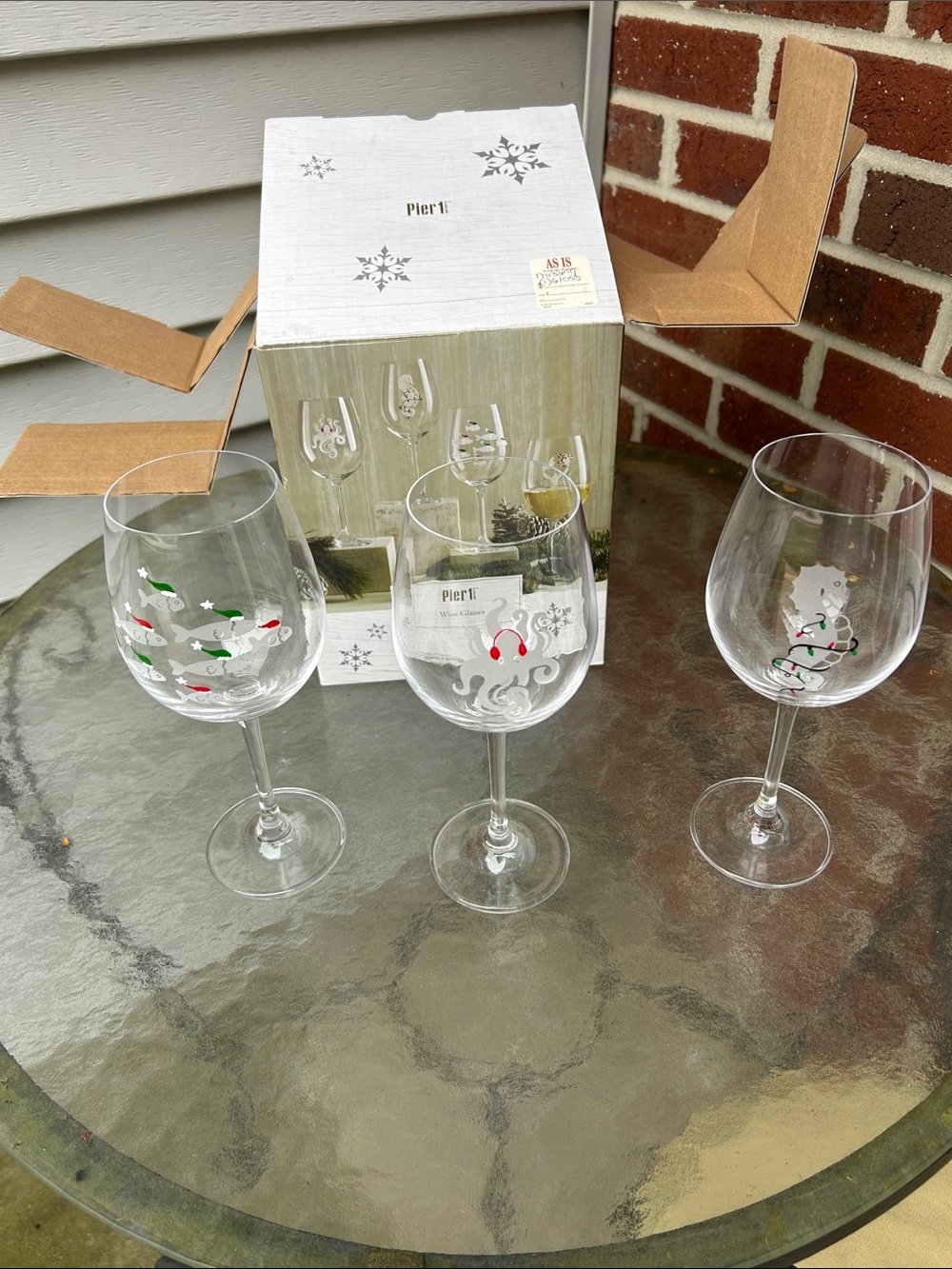 Pier 1 Holiday Motif Wine Glasses in Red, Green, Silver (Set of 3)